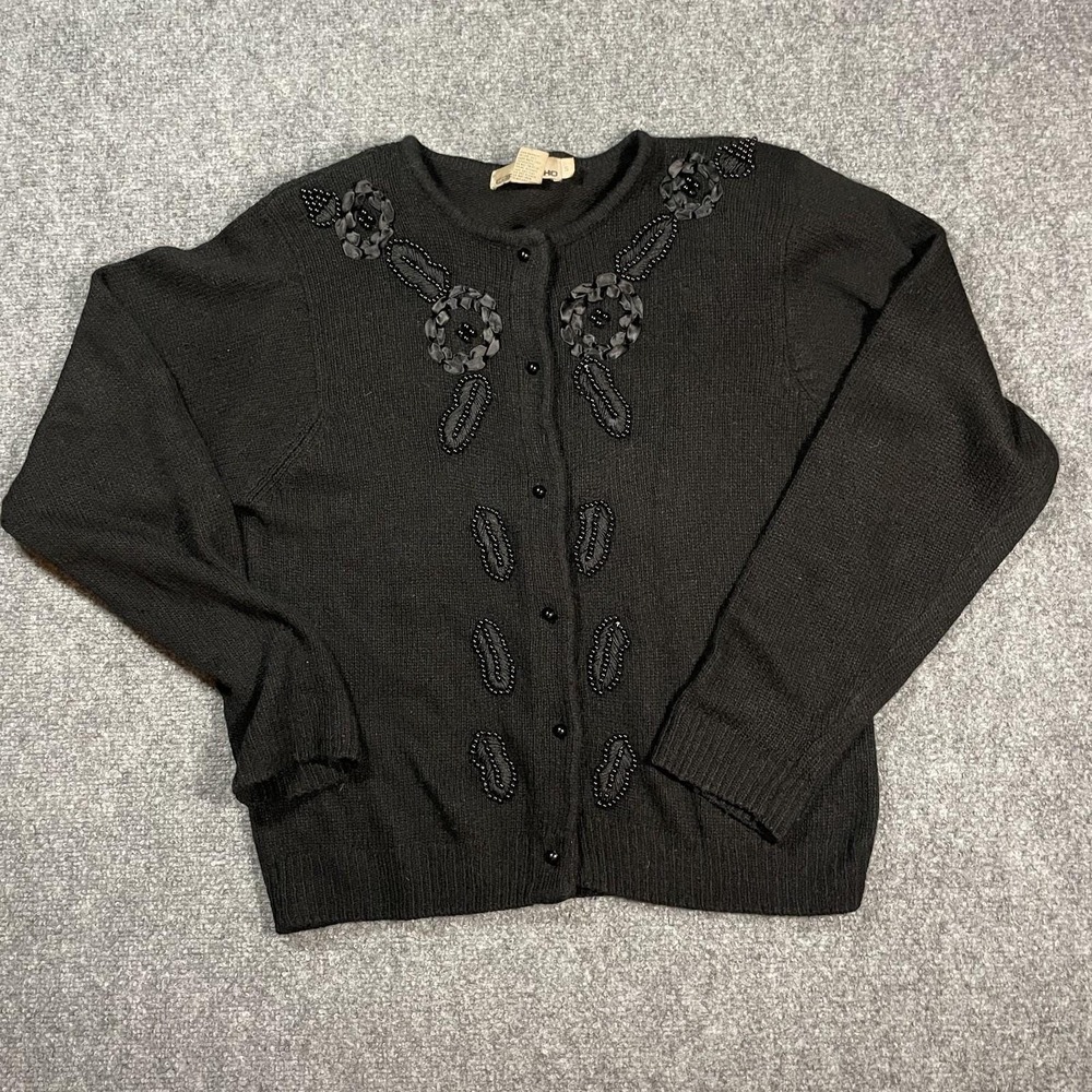 Vintage Silk Cardigan Sweater Small Black Beaded Embroidered 80's Embellished